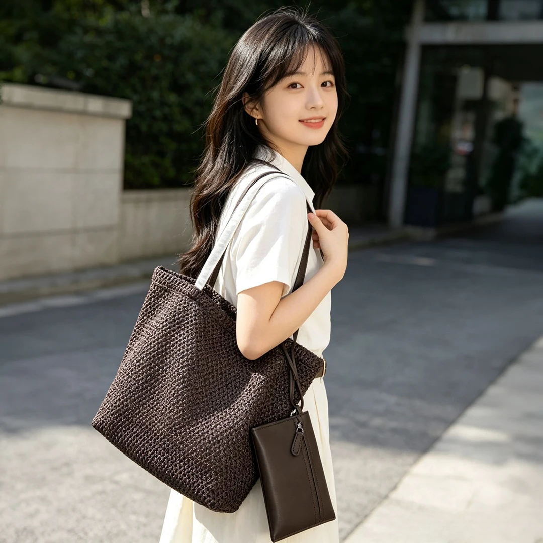 Mendy Woven Shoulder Tote Women Leather Strip Weaving Straw Handbag Minimalist Designer Luxury Daily Work Purse Big Size Large