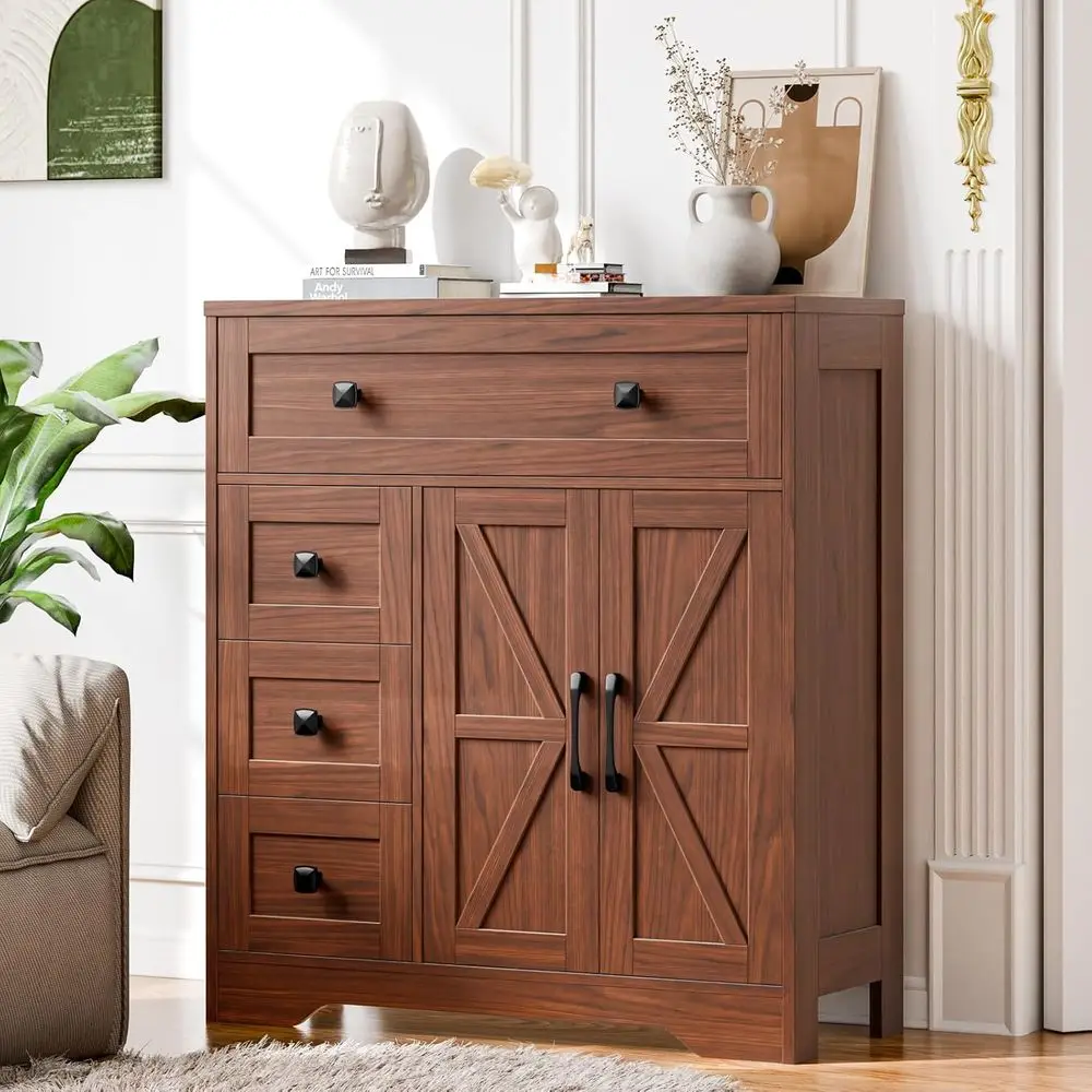 

Double Door and Four Drawer Storage Cabinet, Freestanding for Bathroom, Kitchen, or Living Room, Walnut Finish