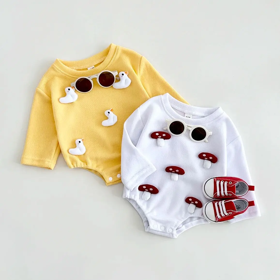 Ins Autumn Infant Baby Triangle Bubble Romper Cartoon Litter Duck/Mushroom Cute Newborn Bodysuit Boys Girls Baby Clothes