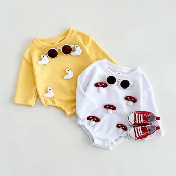 아기 삼각 버블 롬퍼 귀여운 만화 오리 버섯 가을 따뜻한 유아, 남아 여아 맨투맨 바디 수트, 신생아 옷, 0-18M 