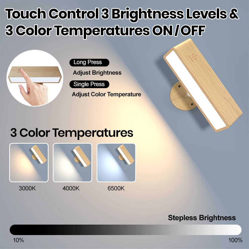 LED  Wall Lamp 3 Color Temperature 3000k-6000k Dimmable Battery Operated Wall Sconce Rotatable Cordless Magnetic Wall