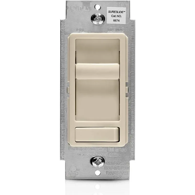 

Диммер Leviton SureSlide для светодиодов с регулируемой яркостью, галогенных и ламп накаливания, 6674-P0T, светлый миндаль