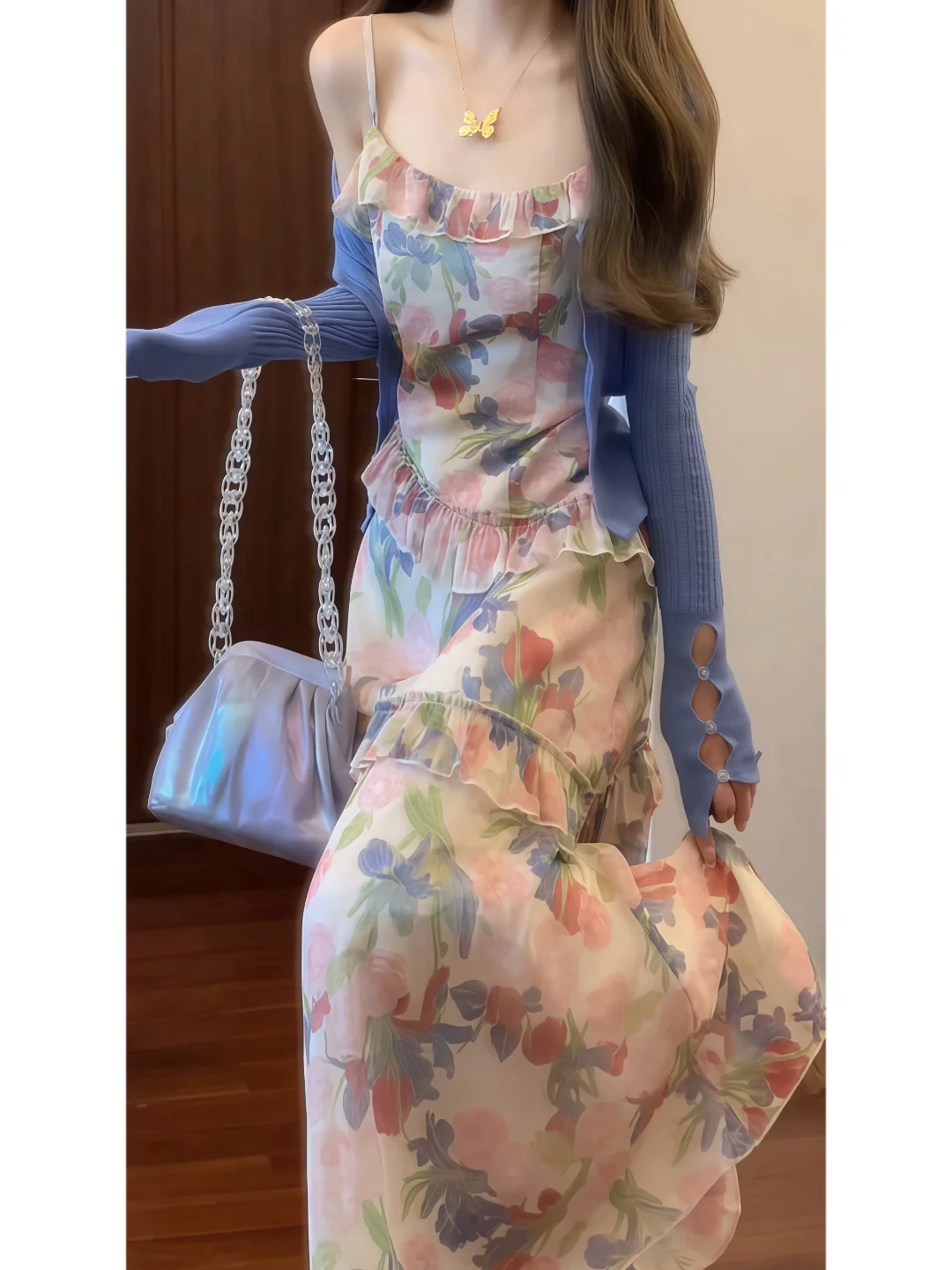 Verano 2025 Cárdigan abierto con estampado floral Tea Break Dr Conjunto de dos piezas Ele Lady Sle Falda larga Ropa de viaje informal Hidrata...