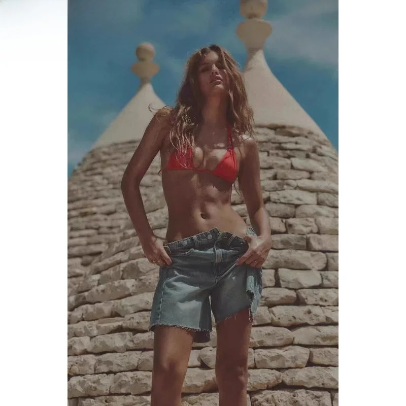 

Adjustable Belted Mid-Waist Denim orts Women's Faion Summer New Arrival Straight Leg High Waist Pure Color Jeans Fabric