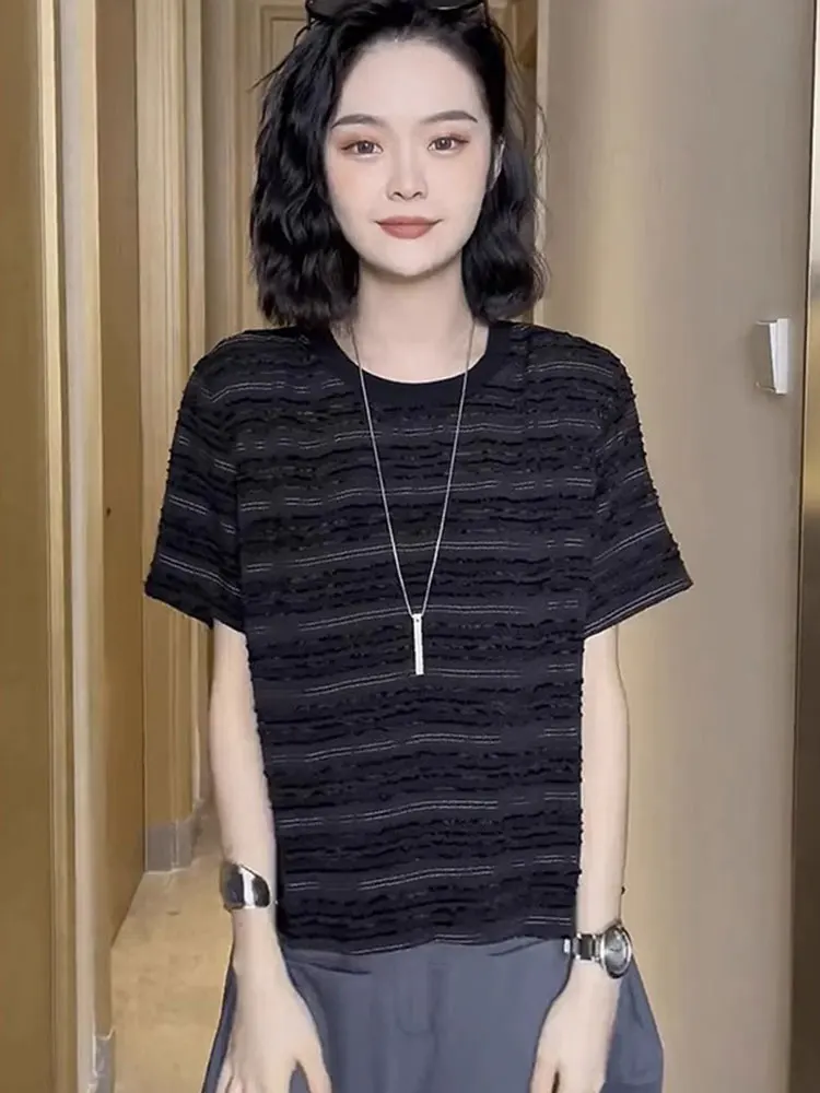 Loose Striped Base irt Pure Cotton ort Sve round Ne Design Casual Versatile Summer Top for Young Women Commute Sle