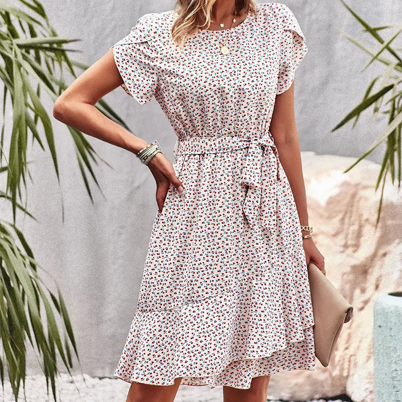 ผู้หญิงที่สง่างามฤดูร้อนชายหาดชุดมินิลําลอง O คอพิมพ์ Sundress Boho วันหยุดจีบชุดดอกไม้สุภาพสตรี Vestidos Плае