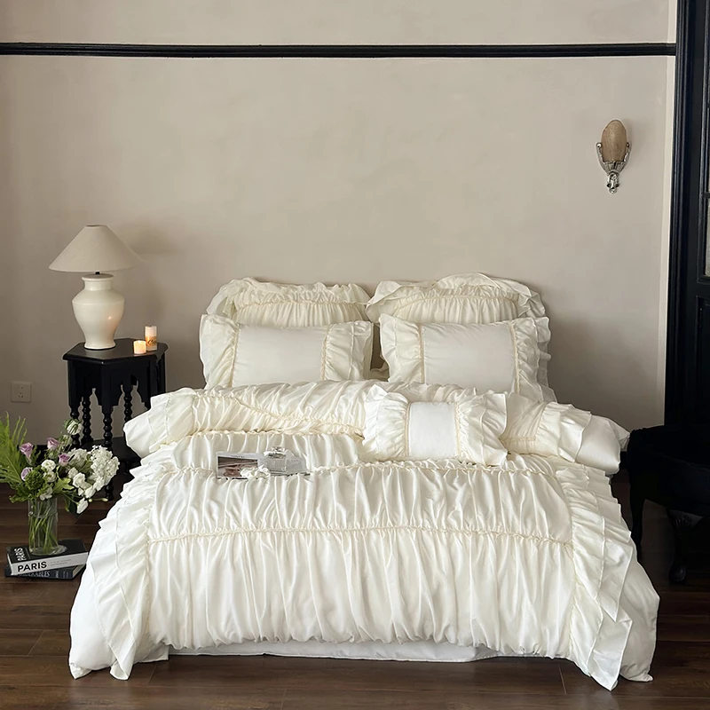 100% Cotton Romantic French Ruffled Lace Ruffles Princess Style Bedding Set Duvet Cover Bed Sheet/Fitted Sheet Pillowcases 4Pcs