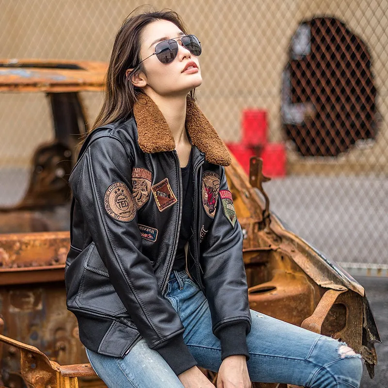 2024 New Women\'s Embroidery Insignia Head Layer Cowhide Leather Jacekt Paratroopers Air Force G1 Pilot Wool Collar Female Jacket