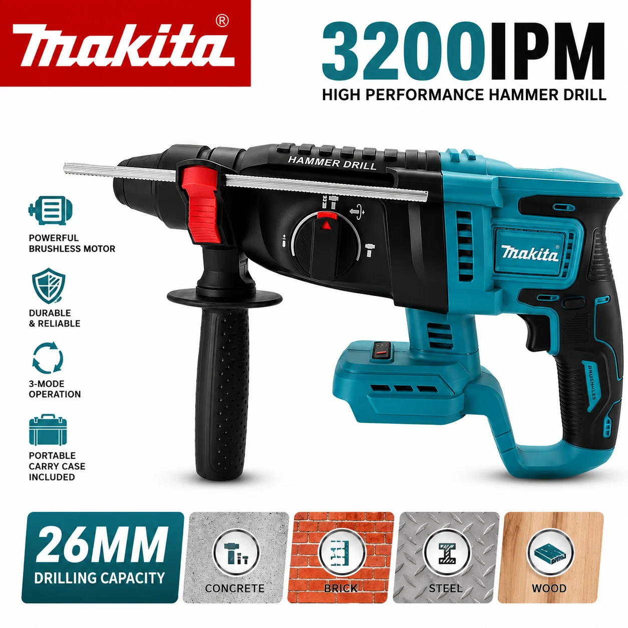 Für Makita DHR242 18V SDS Plus Akku-Bohrhammer, bürstenlos, Hochleistungs-Beton-Schlagbohrmaschine