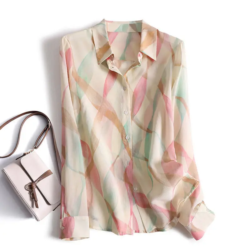

Elegant Fashion Casual Printing Button Chiffon Shirt Summer Autumn 2026 Polo-Neck Long Shirt Sleeve Loose Tops Women's Clothing