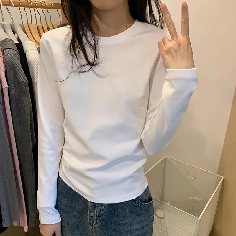 

2025 American Retro Round Neck T-shirt Women Long Sleeve Fashion Slim Slim Inner Bottom Shirt European Slim Tops Soft