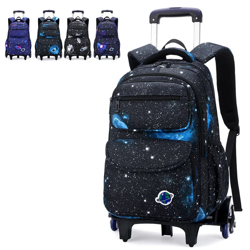 Mochila escolar para meninos, Saco de rodas, Starry Sky Series, Carrinho de estudante com rodas, Bagagem infantil