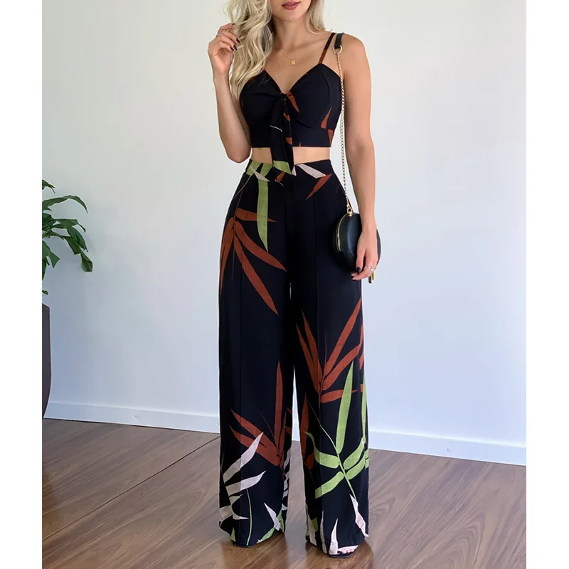

Summer Women Tropical Print Spaghetti Strap Casual Lace up Back Top &High Waist Pants Set 2 Pieces Suit Sets 2026 Woman Clothing