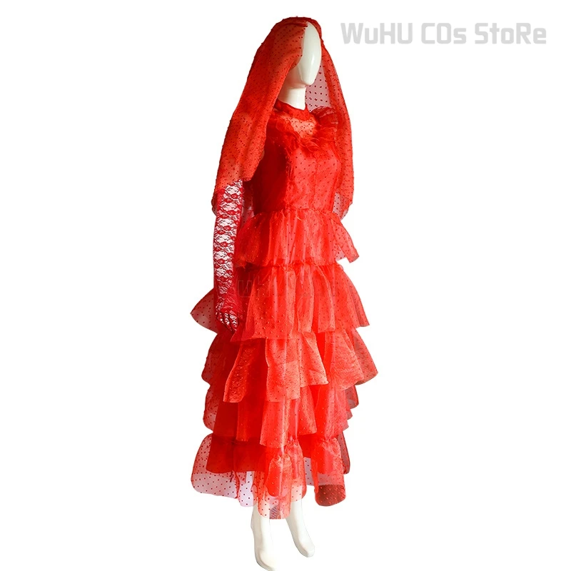 Halloween Lydia Beetle Cosplay Deetz Costume Juices Red Tulle Dress Gothic Scary Creepy Uniform Girl Carnival Party Fancy Outfit