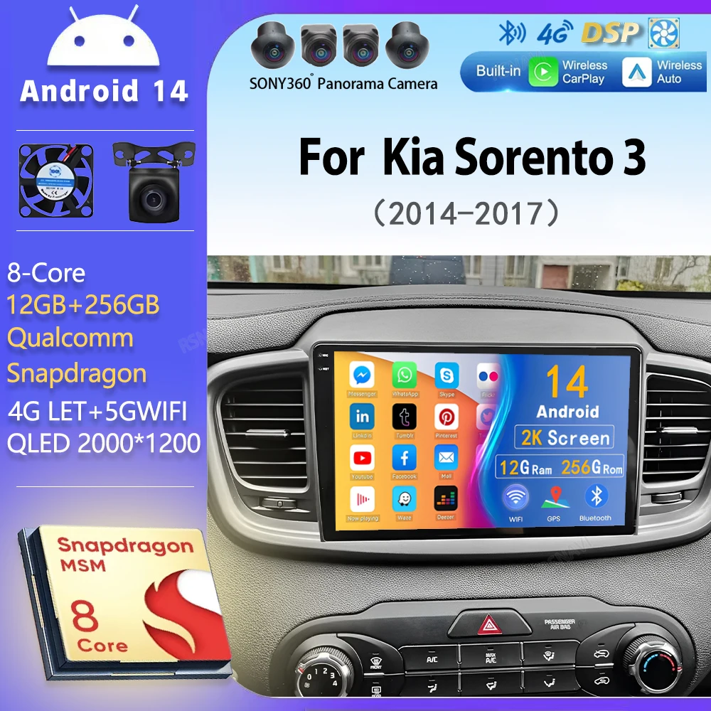 

Android 14 For Kia Sorento 3 2014-2017 LHD 2K Wifi Stereo Car Radio Multimedia Video Player GPS CarPlay 4G Head Unit Navigation