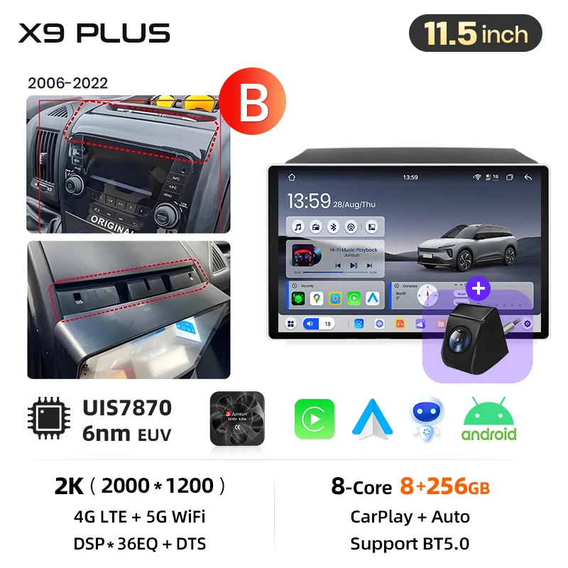 Junsun 9 inch Android 15 autoradio voor Fiat Ducato Peugeot Boxer 2 Citroen Jumper 2 2006-2023 voor Apple CarPlay Auto IPS scherm stereo multimediaspeler automotive slimme intelligente systemen 2 Din