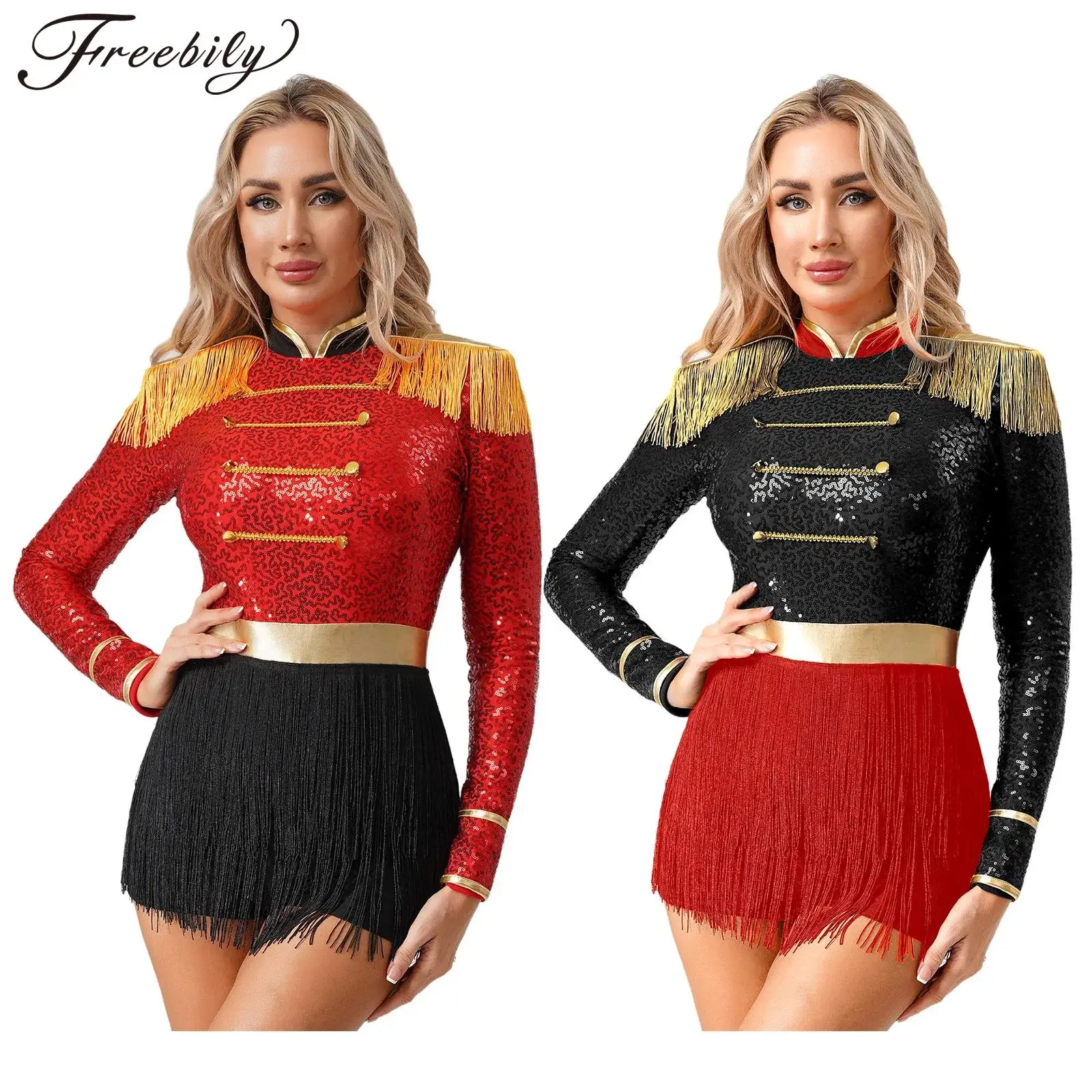 

Женский цирковой манеж волшебника, боди для косплея, карнавальный костюм на Хэллоуин, блестящий комбинезон с блестками и золотой отделкой, комбинезон с кисточками