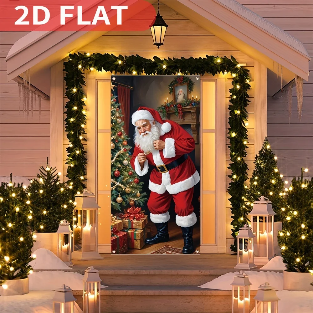 Santa Claus Flag Decoration Tapestry, Polyester Happy Christmas Front Porch Sign, Holiday Carnival Theme Santa Claus Door Banner