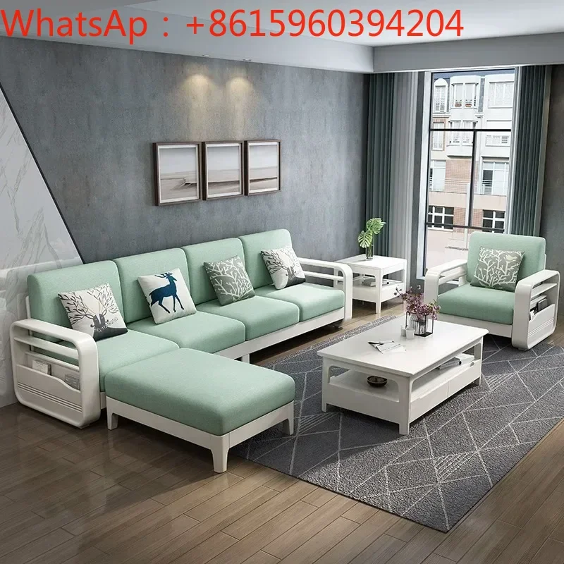 Nordic all-solid wood cloth sofa combination white modern simple living room corner L-shaped imperial concubine sofa