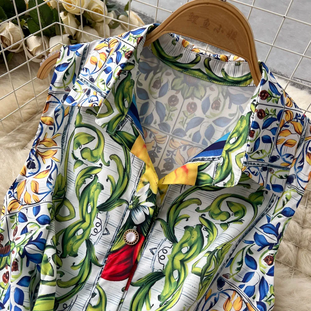 2023 verão pista camisa vestido feminino gola de entalhe sem mangas azul e branco porcelana impressão rendas até cinto plissado midi vestido