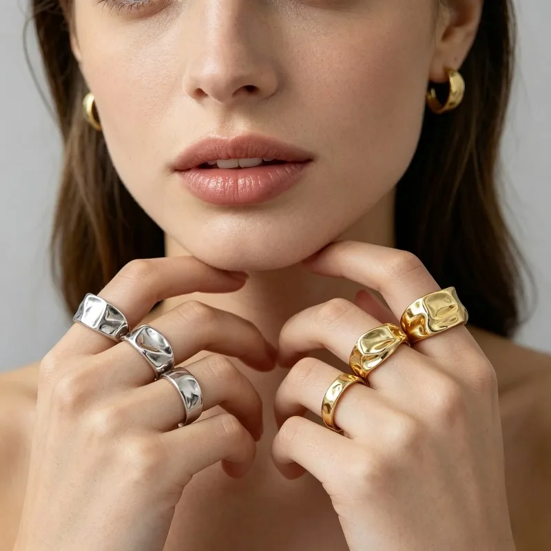Fashion Gold Color Hollow Out Opening Rings Women 925 Sterling Silver Base Adjustable Personality Female Finger Rings