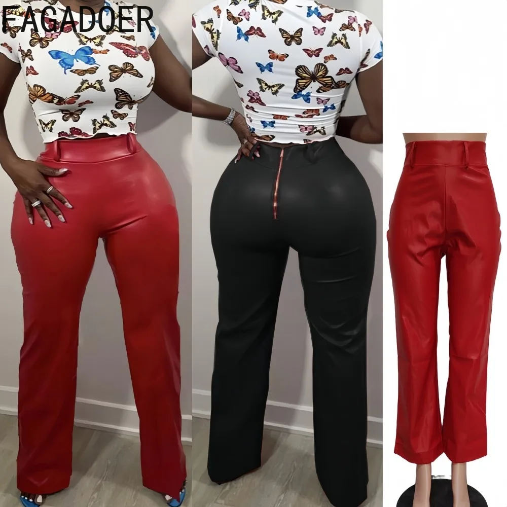 

FAGADOER Autumn New Fashion Leather Patchwork Pants Women Solid Color Zipper Straight Leg Pants Female Streetwear Bottoms 2025