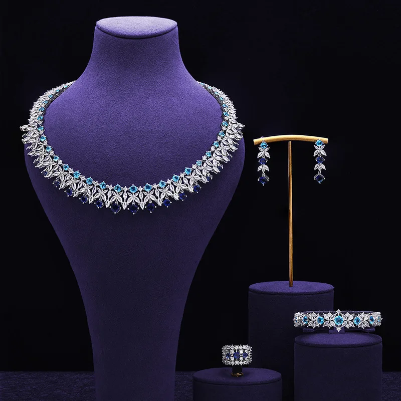 Copper electroplated gold colored zircon necklace set, high-end evening bridal jewelry set wholesale