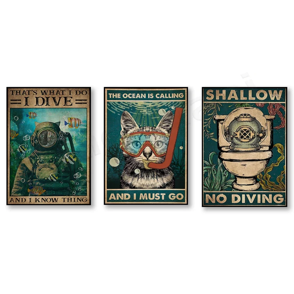 The ocean is calling, I have to go poster, this is what I dive and what I know, fun shallow water bathroom decor, cute cat poste