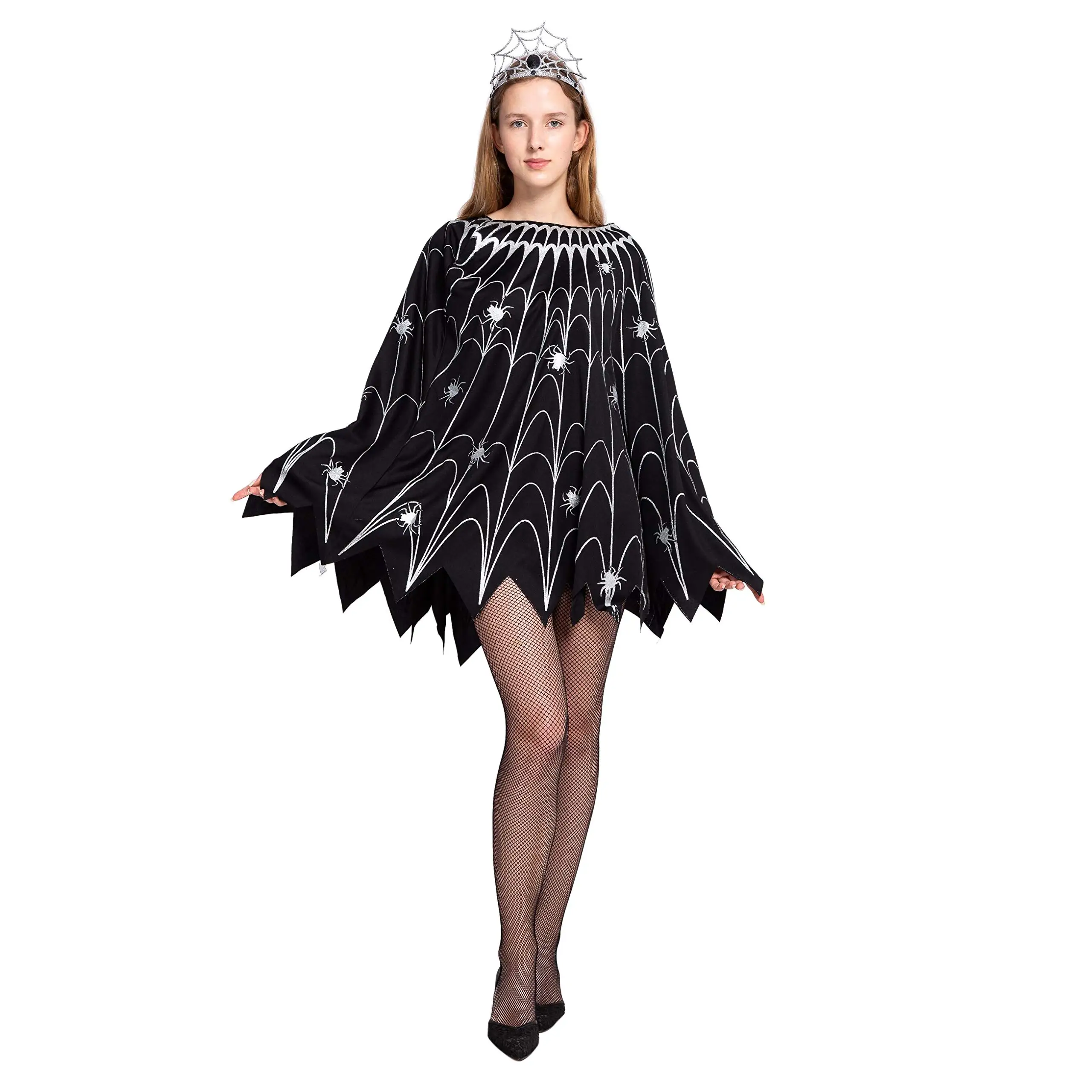 Halloween Pumpkin Costume for Adult Women Spider Web Skeleton Poncho Cloak Scarecrow Costumes