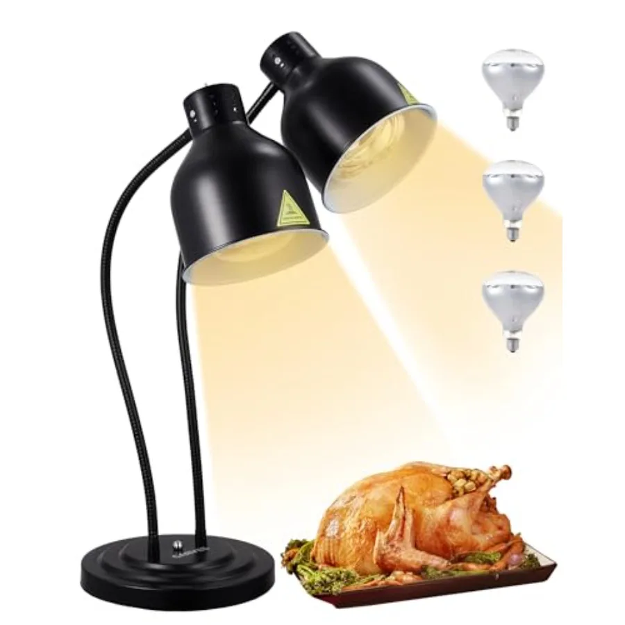 Commercial food heat lamp for buffets, parties, restaurants, catering; black metal; rapid-heating bulbs; adjustable height and
