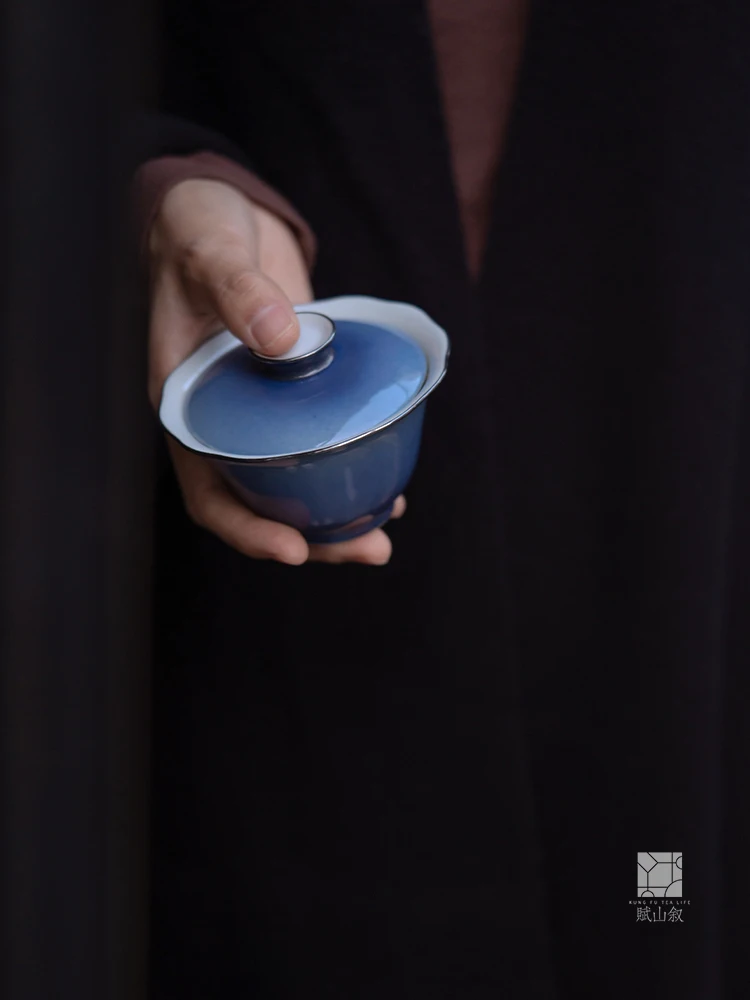

Чайный сервиз Fuan Tang Adient Blue Silver Cerc для Гунфу-ча, чаша для заваривания, расписанные вручную столовые приборы из Цзиндэчжэня