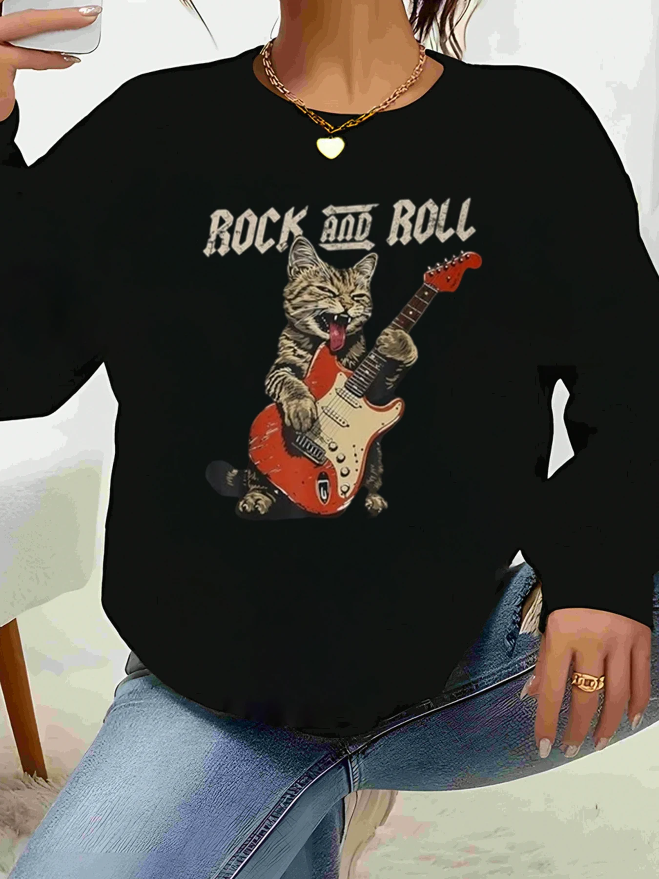 

Футболка с длинными рукавами и принтом «Кот играет на гитаре», повседневная одежда, женская мода