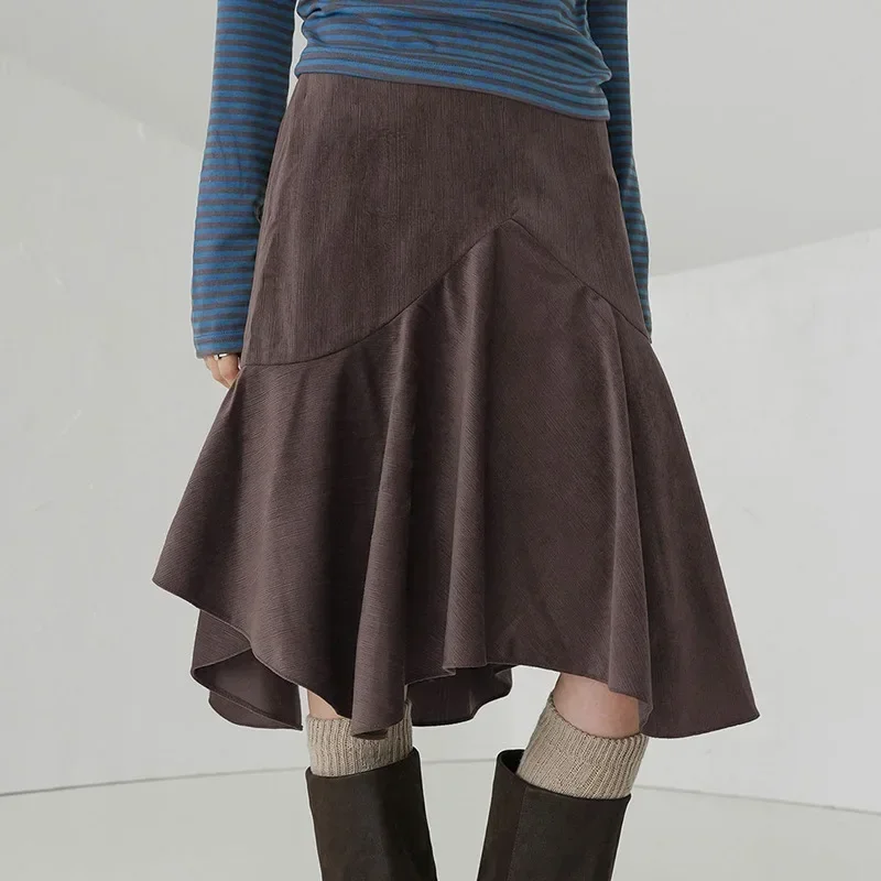 Casual Solid Asymmetrical Skirt Elegant Fashion Basic High Waisted Midi Skirts Women 2025 Autumn Spring Fashion Ladies