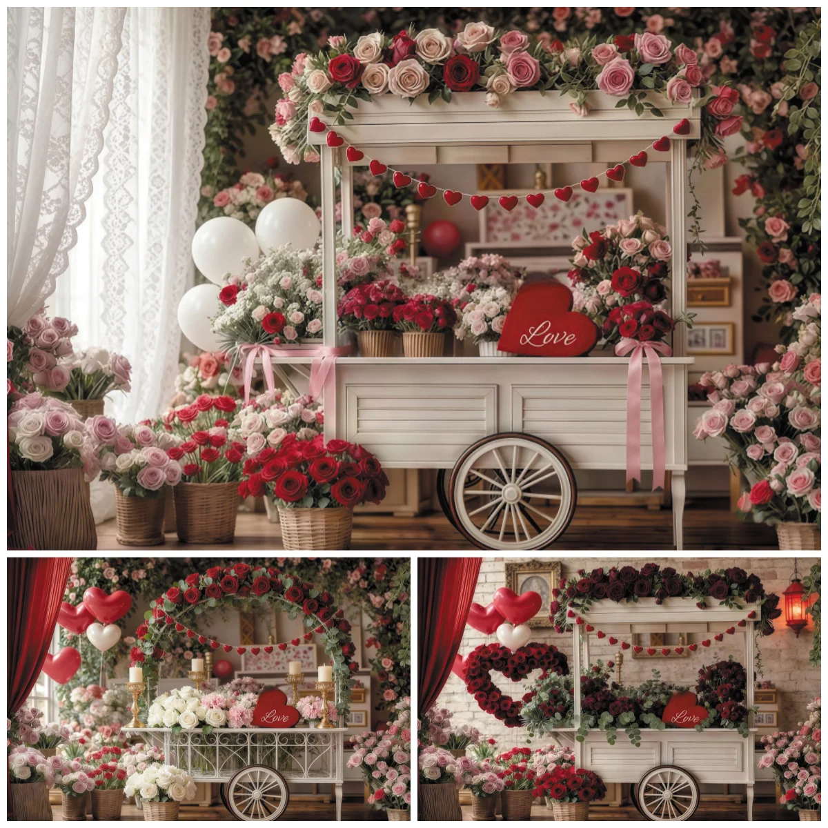 

Романтический фон для фотосъемки с цветочной тележкой на день Святого Валентина, декор в форме сердца для дня Святого Валентина, свадьбы, фотобудки, фон, декор