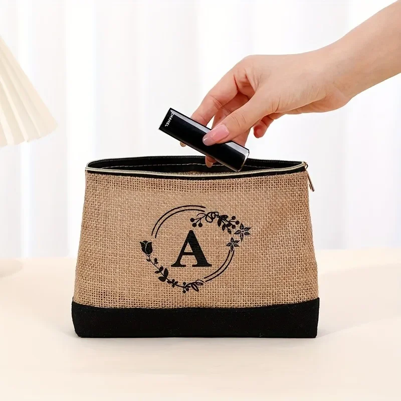 Printed Letter Bag, Pure Natural Cotton and Linen Makeup Bag, Women\'s Handbag, Banquet Bag, Lipstick, Change, Key Storage Bag