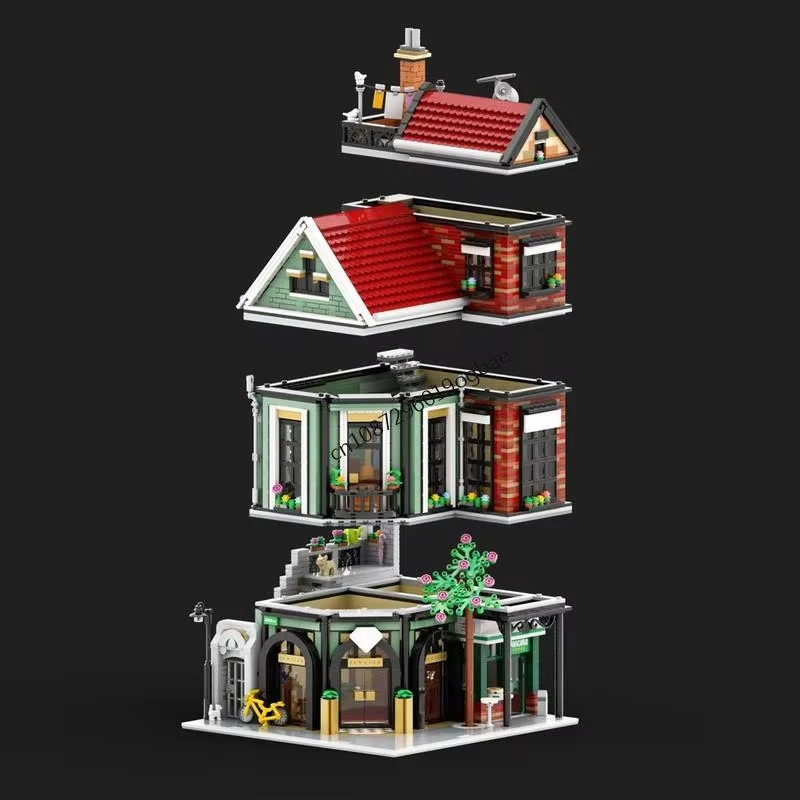 โมเดลบ้านแถวแบบโมดูลาร์ MOC พร้อมร้านขายเครื่องประดับและร้านแพนเค้ก ของเล่นตัวต่อประกอบเอง ของขวัญสำหรับเด็ก