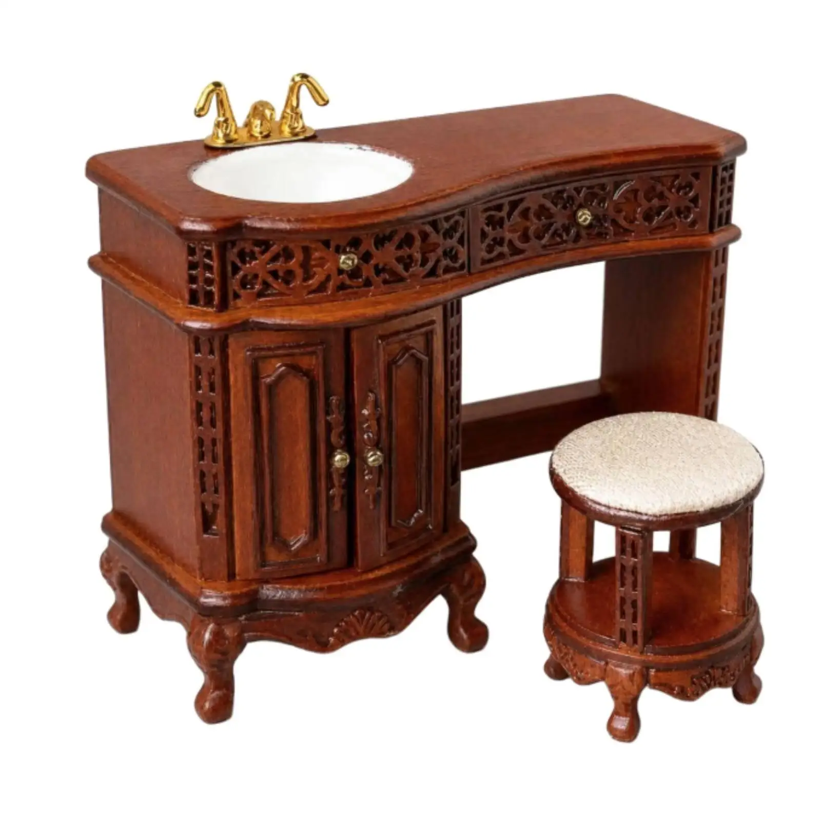 Wooden Dollhouse Bathroom Vanity Set 1 12 Scale Miniature Sink Cabinet with Stool Vintage Carved Details for Realistic Washroom