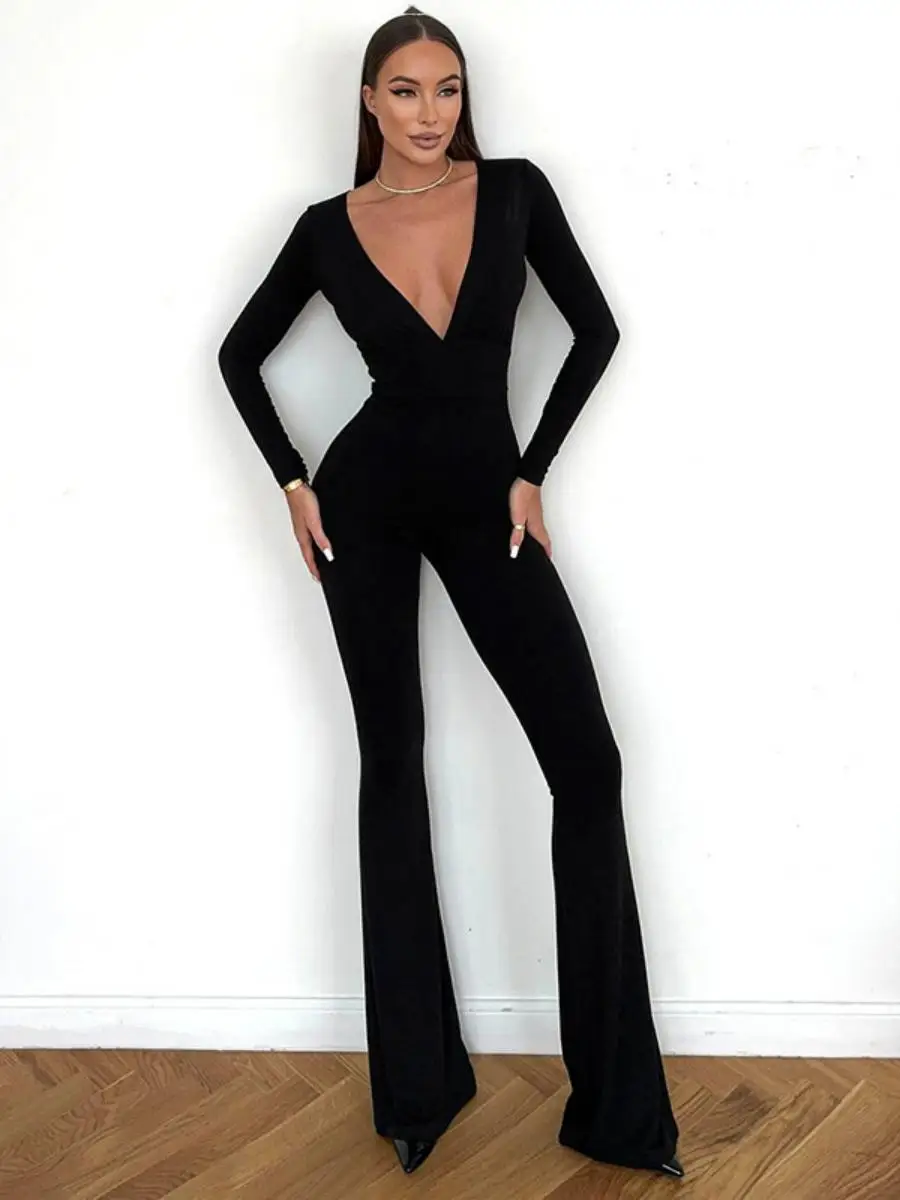 Kombinezon damski Ele Pure Color z długim rękawem, głębokim dekoltem w serek, szerokimi nogawkami, jesienne modne spodnie z niskim stanem, jednoczęściowy strój.