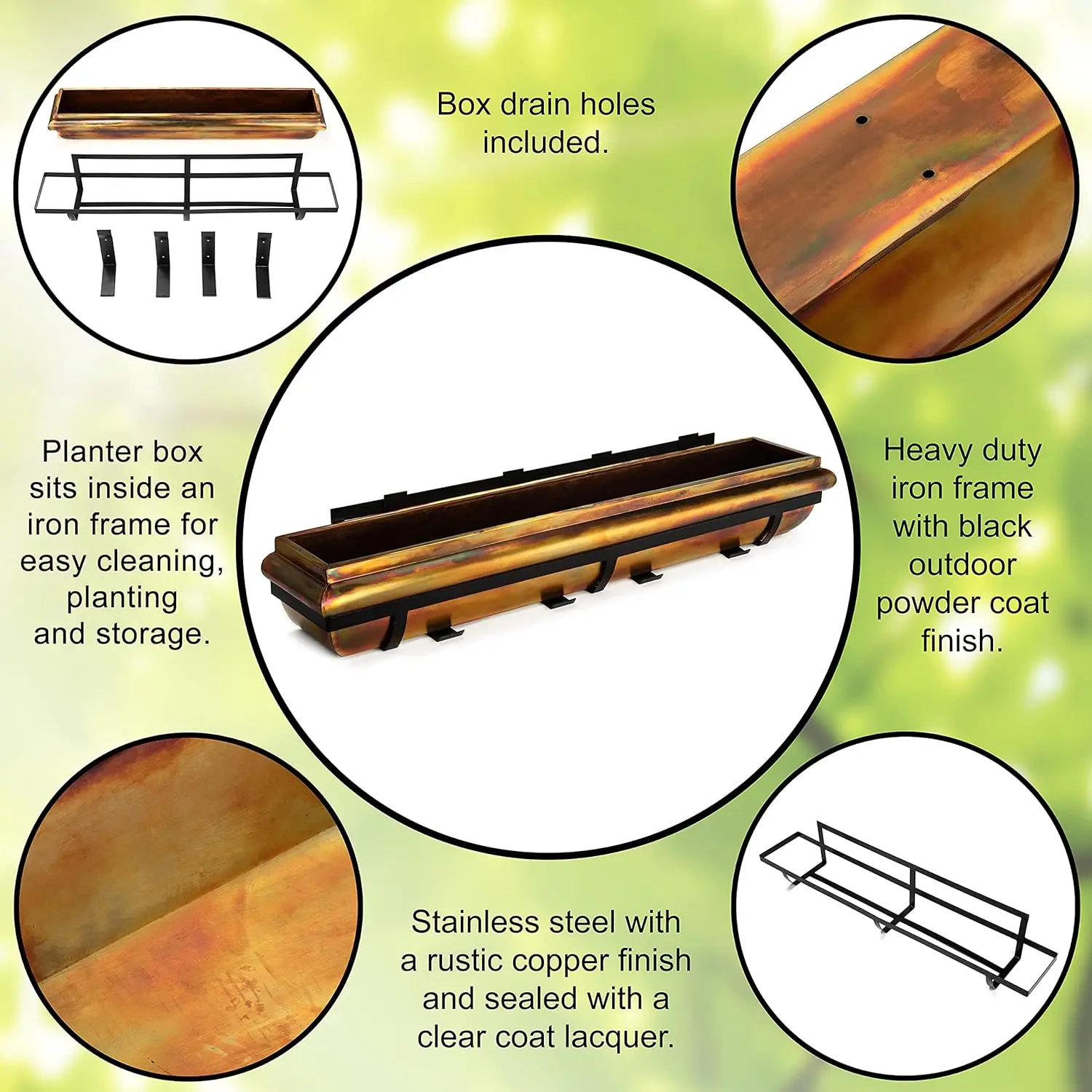 Window Planter Box Rustic Copper Flower Plant Container for Windows Attach to House Deck Balcony Long Rectangular Shape 48 inch