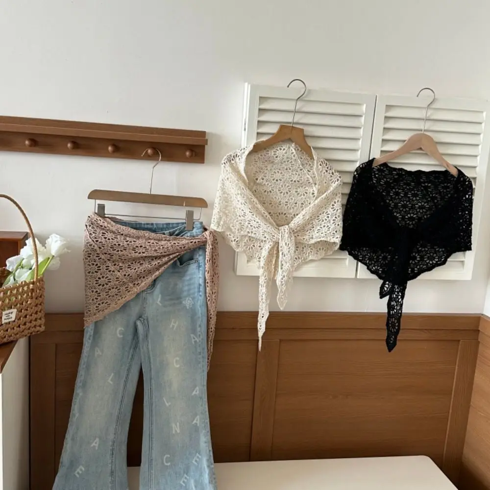 

Retro Fake Collar Knitted Triangle Scarf Ethnic Style White Crochet Flower Scarves Cape Korean Style Fart Curtain Female