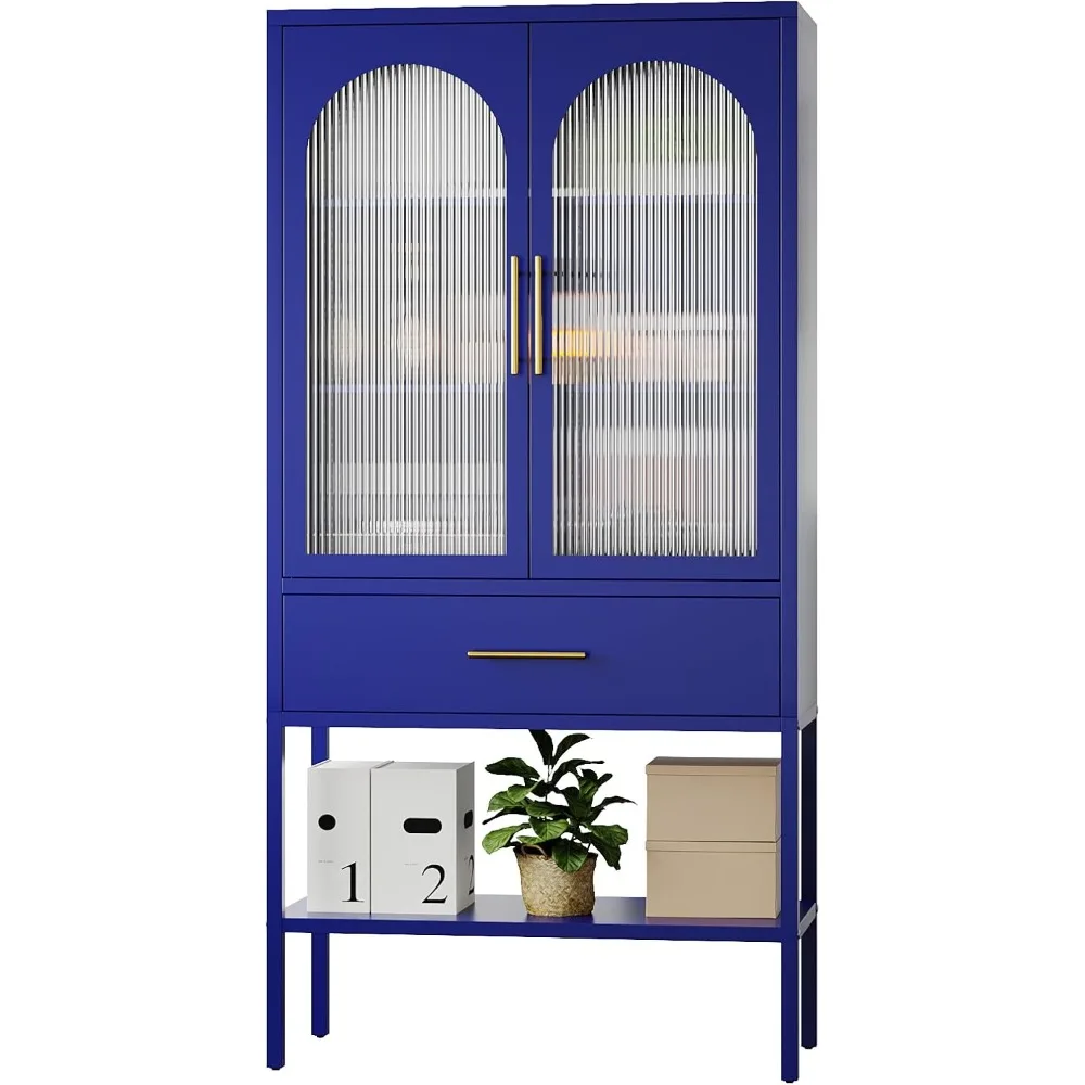 

Metal Storage Cabinet with Glass Doors，Kitchen Pantry Cabinet with Adjustable Shelves，Tall Modern Office Storage Organizer