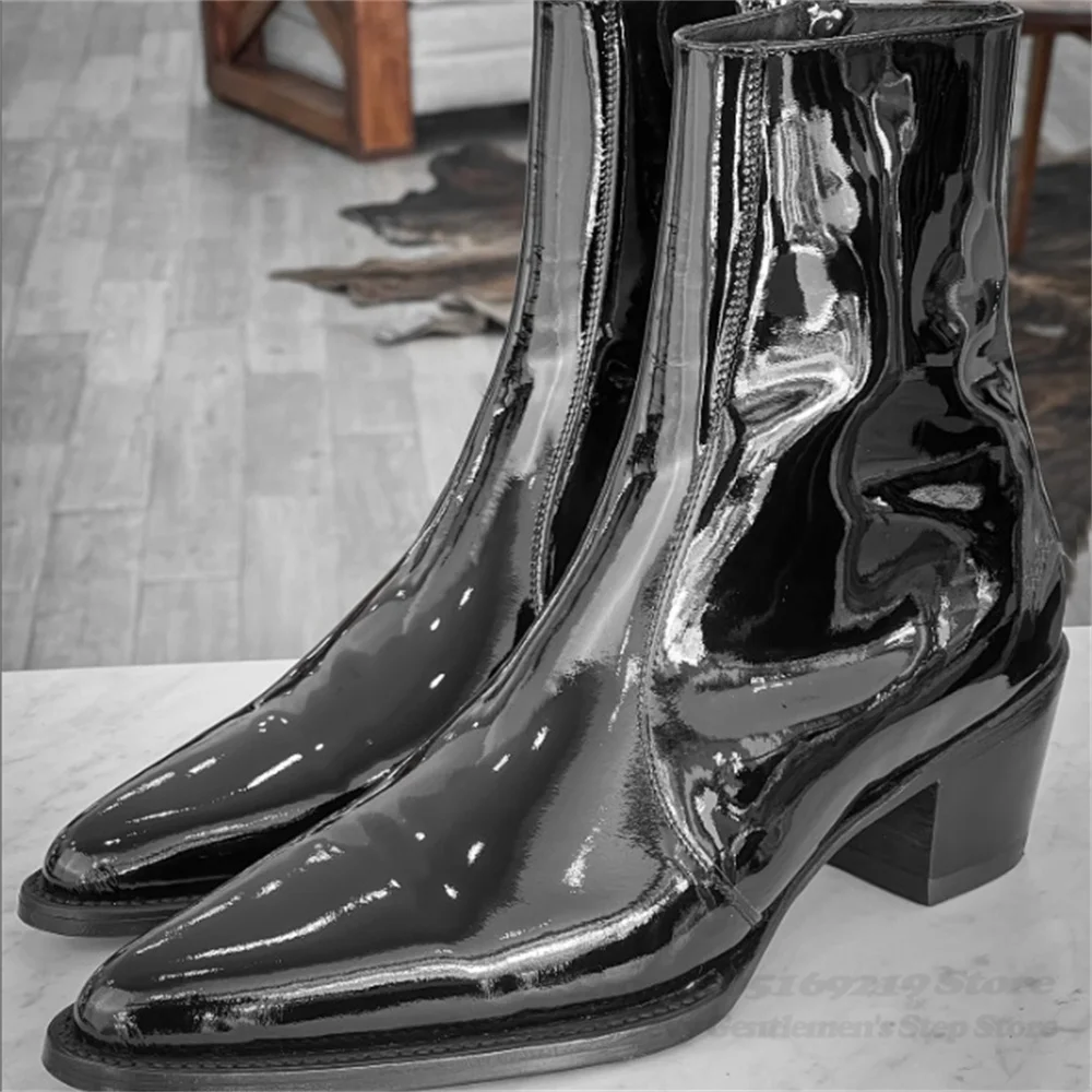 

Lacquered Leather Pointed Leather Boots Men Pointed Toe Side Zipper Breathable Comfortable Chelsea Boots Elegant Business Boot