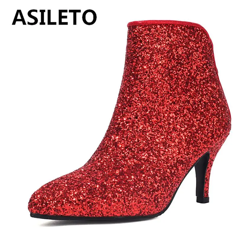 ASILETO Nieuwe Sexy Vrouwelijke Enkellaarsjes Puntschoen Dunne Hakken 7 cm Rits Bling Glitter Grote Maat 46 47 48 bruiloft Booties