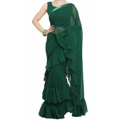 Women's Green Dress Georgette Ruffle Saree European and American Fashion Trend Summer Dress