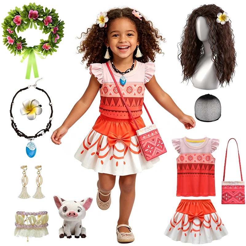 Adventure Princess Moana Girls Outfit Boho Top Skirt Halloween Cosplay Birthday Party Children Costume Summer Fancy Kids Clothes