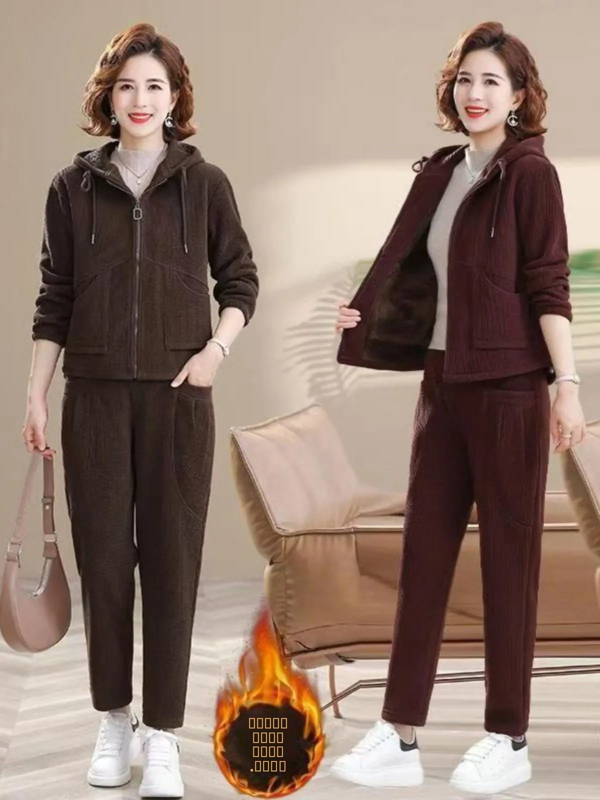 ชุดเซ็ทลำลองสองชิ้นสำหรับผู้หญิง ผ้าลูกฟูก สำหรับฤดูใบไม้ร่วงและฤดูหนาว  แบบมีซับใน  เสื้อฮู้ดแขนยาว กางเกงขายาว  แฟชั่นสำหรับคุณแม่