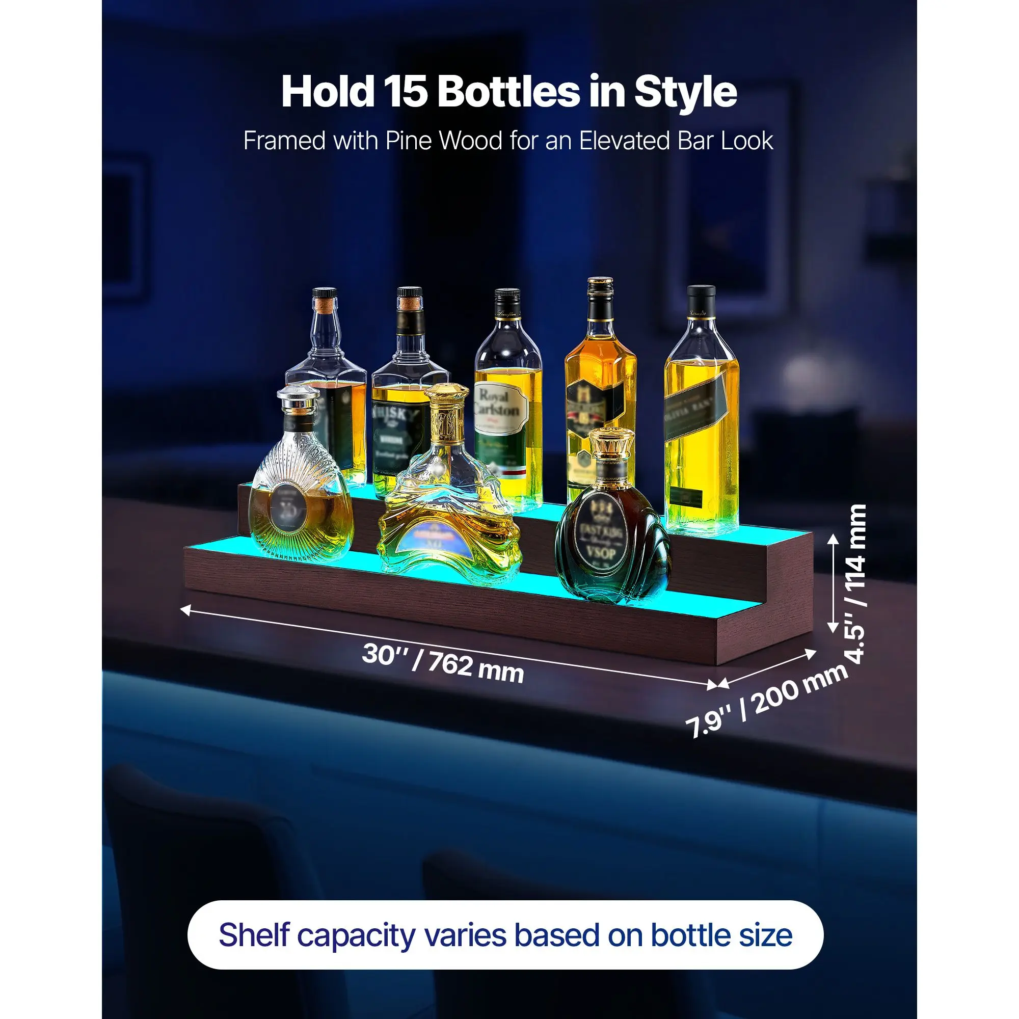 LED Lighted Liquor Bottle Display, 2-Tier 30-Inch Whiskey Rack, Support USB, Illuminated Home Bar Shelf with RF Remote & App
