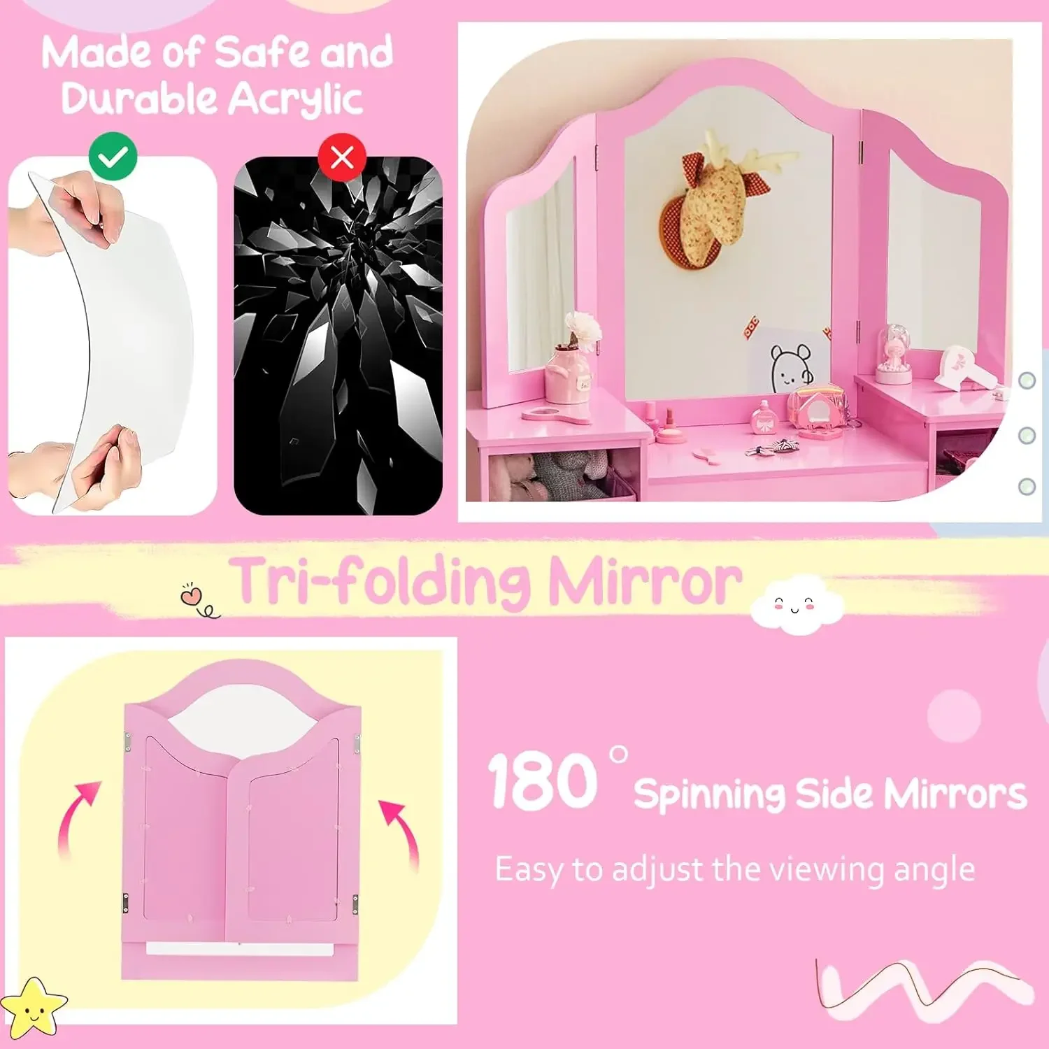 Kids Vanity, 2 in 1 Princess Makeup Desk & Chair Set with Mirror, 4 Storage Bins, Wooden Toddler Vanity Dressing Table, Pretend