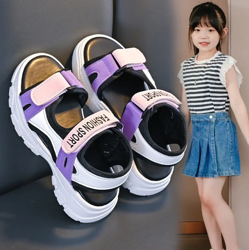 Kids Sandals Fashion Soft Sole Students Beach Shoes Hook&loop Non-slip 2025 Summer New Girls Casual Shoes Comfortable Trendy