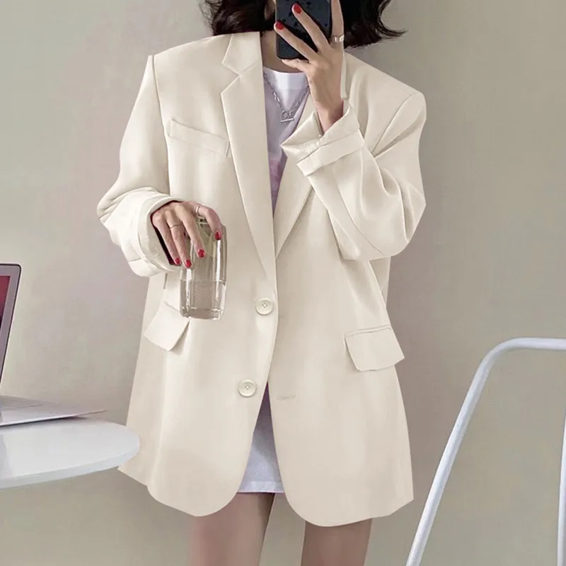 Blazers Women Autumn Korean Elegant Soft Coat Office Lady Solid Harajuku Loose Pocket Single Breasted Trendy Fashion Suit NS5875